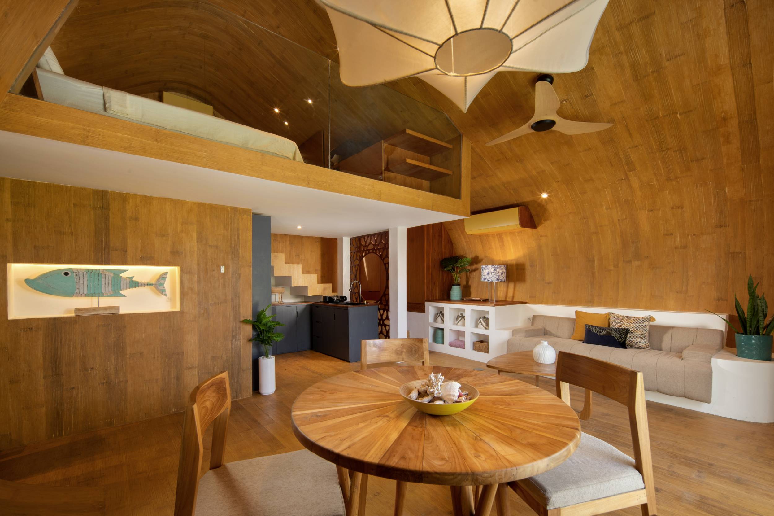 Living room with round dining table, The Shell Villa