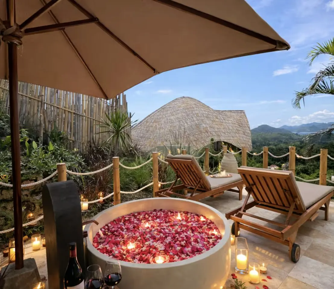 The Cocoon Cottage private outdoor tub at dusk
