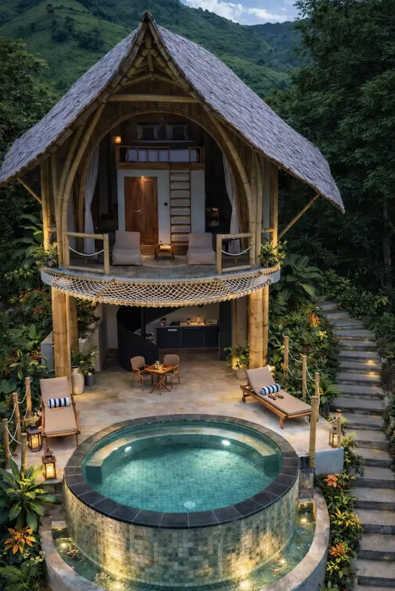 The Bamboo Treehouse two-storey exterior with plunge pool